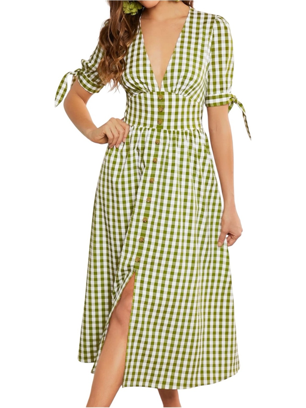 Emery Rose Medium L Green White Gingham Midi Dress V Neck Tie Sleeve Cottagecore